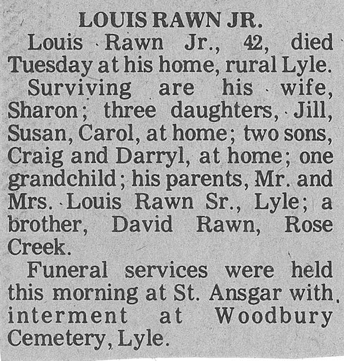 Lewis Rawn obituary Lyle Historical Society